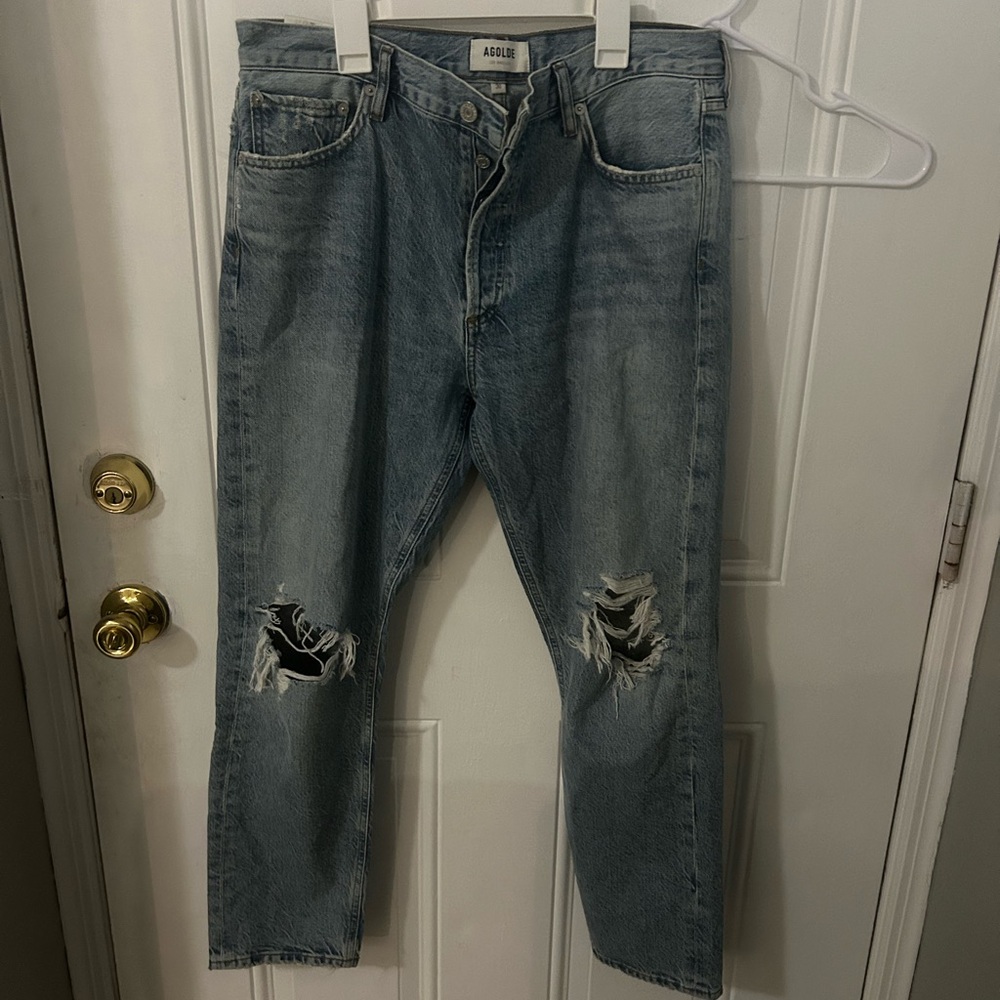 Agolde women’s high rise button fly straight distressed cropped jeans size 30